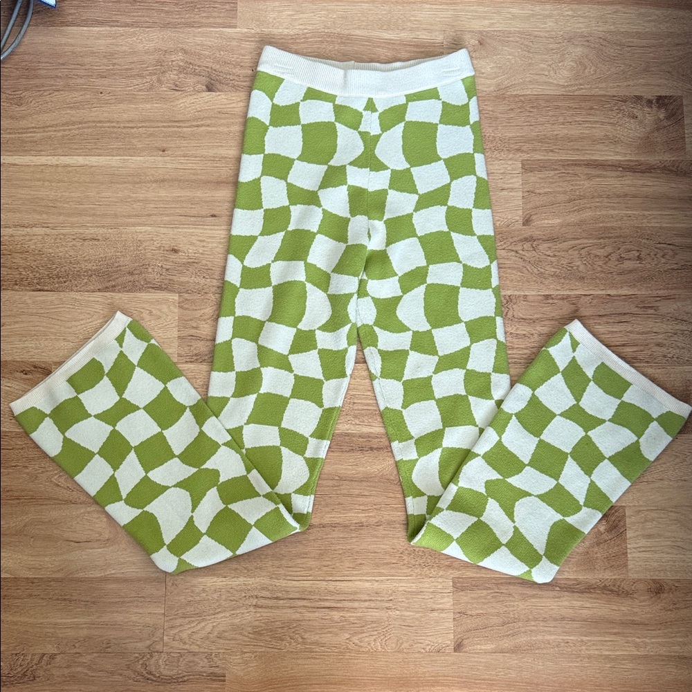 Green & White Checker Knit Lounge Soft Stretch Pants